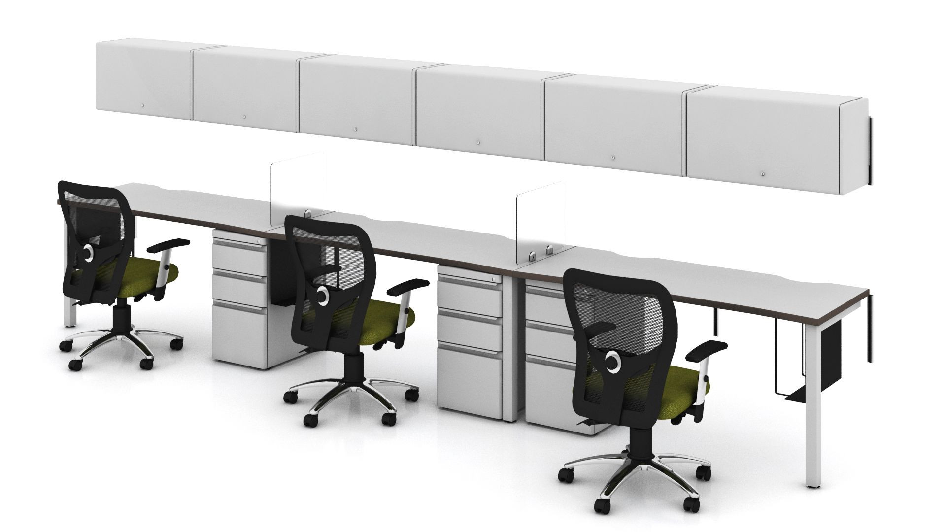 Galería de Módulos de trabajo rectos fijados a pared con rieles metálicos.