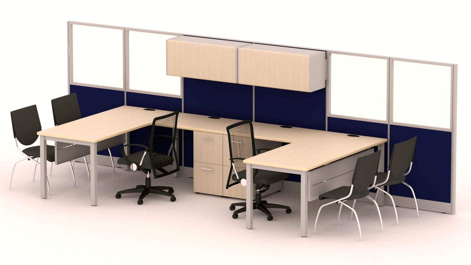 Galería de Escritorios en "L" compartidos con guardado superior Flipper door y cajoneras pedestal Ms con un cajón de archivo y 2 cajones papeleros Línea SOM